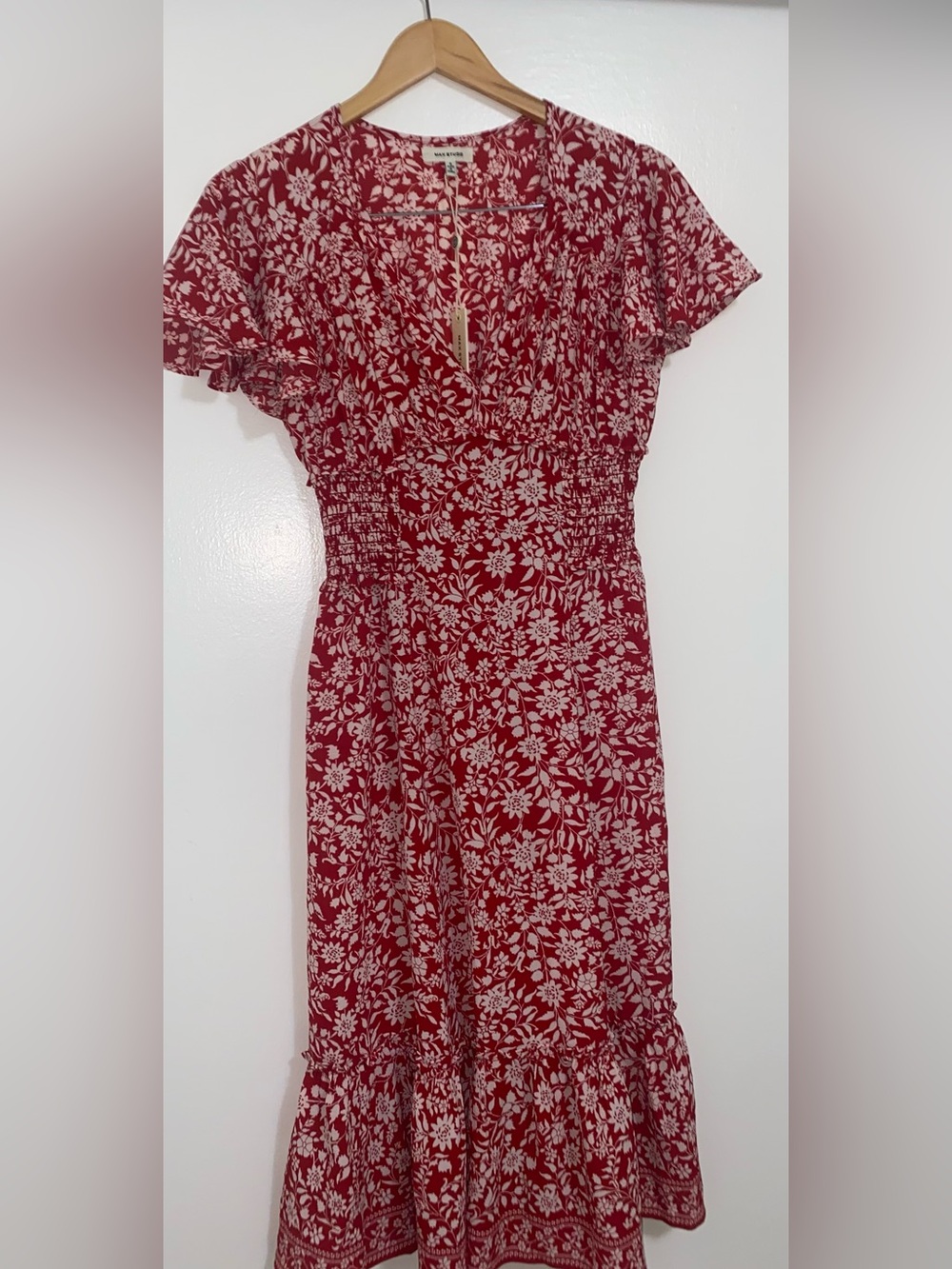 Max Studio Red and White Floral V-Neck Midi Dress